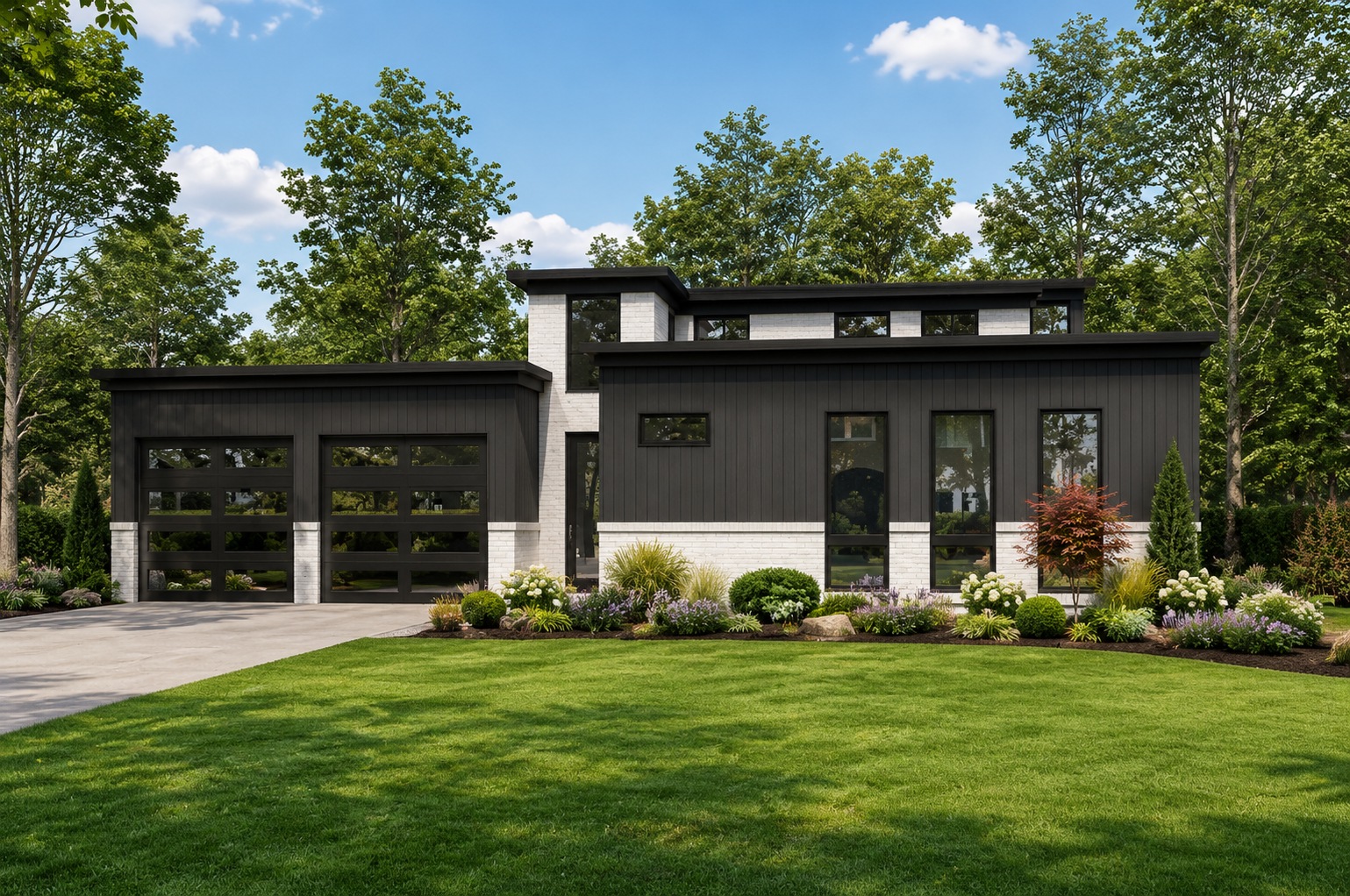Completed contemporary ranch home translating the original design concept