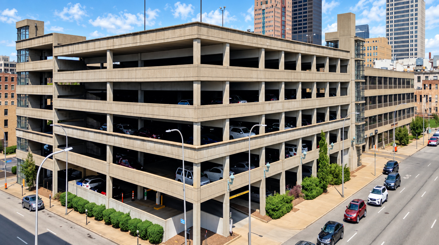Advocacy Plaza parking structure beside Louisville's civic complex with enhanced streetscape landscaping