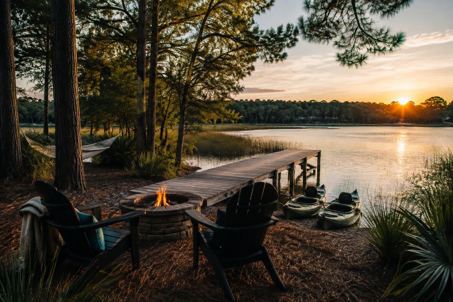 Lakefront guest experience with dock, kayaks, and gathering spaces